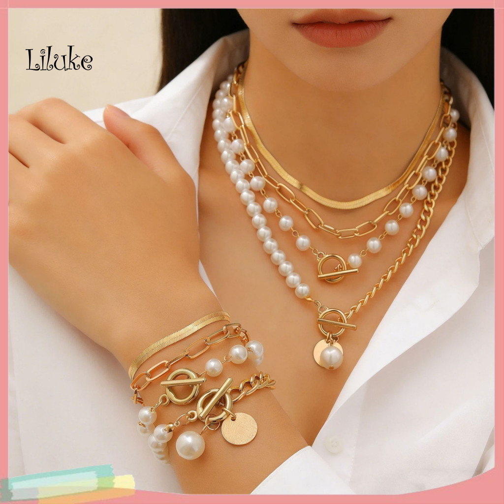สร้อยข้อมือและสร้อยคอไข่มุกเทียมปรับขนาดได้ เซ็ตเครื่องประดับผู้หญิง OT Buckle กันรอยขีดข่วน เงางามย