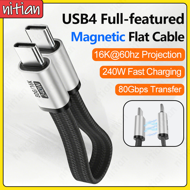 Dual Type C Magnetic Storage ลวดแบน USB4 สายไฟสั้นเต็มรูปแบบ 240W ถักสายชาร์จเร็ว 80Gbps Transfer Data Cable 16K @ 60hz Projection Converter Line