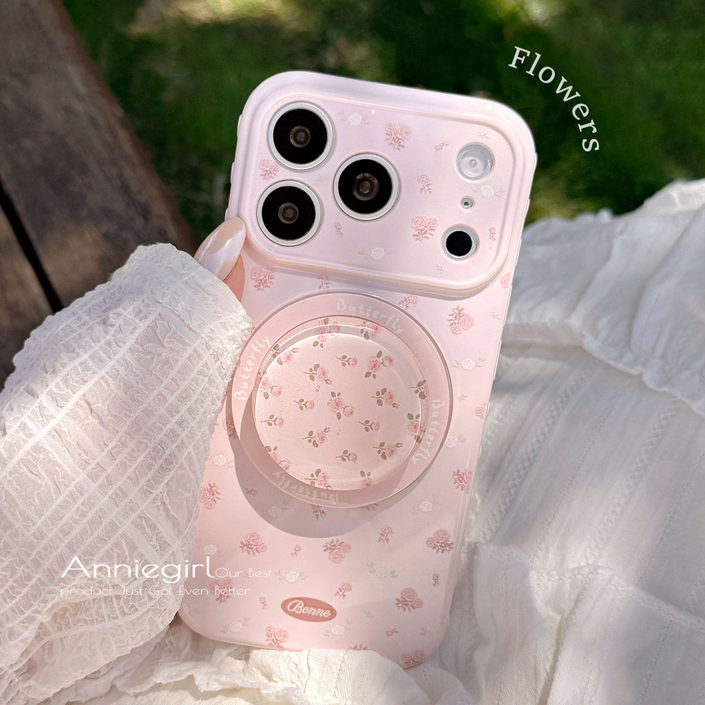 สีชมพู Rose ดอกไม้แม่เหล็กสําหรับ iPhone 12 13 14 15 16 17 Pro Max พร้อมที่วางกันกระแทก TPU ฝาหลัง