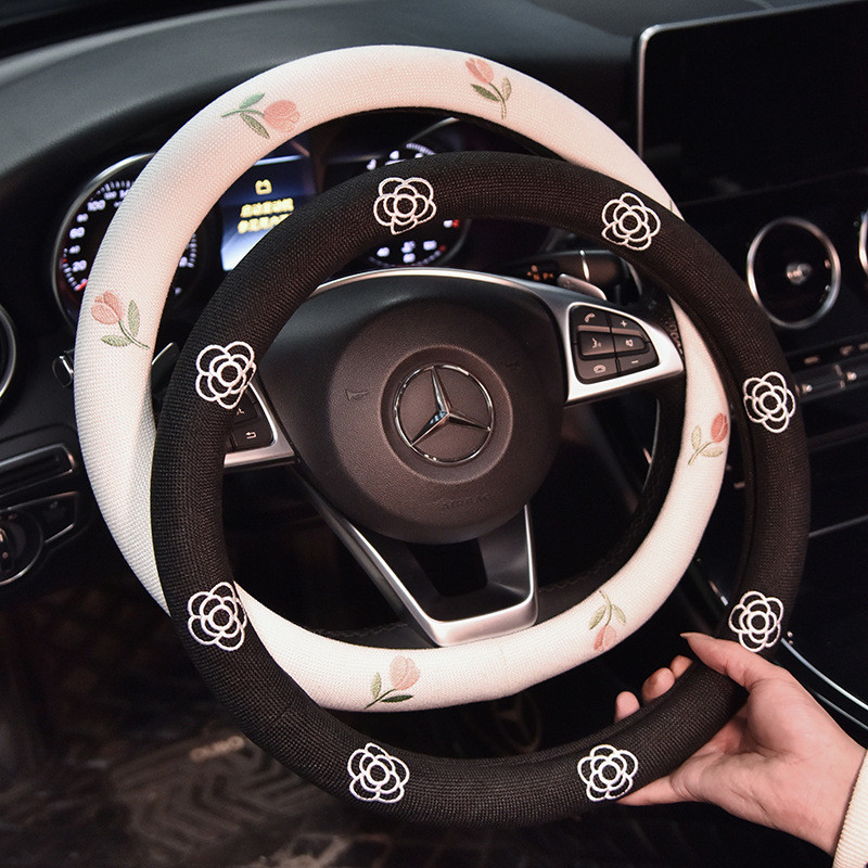 Car Steering Wheel Cover Four Seasons Universal Trending Cartoon Summer Cotton Linen Non-Slip Anti-Sweat Ultra-Thin D-Type Steering Wheel Cover Female BqUE