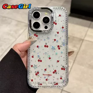 สำหรับ iPhone 17 16 15 13 11 12 14 Pro Max 16 15 14Plus รุ่นใหม่ เคสกันกระแทกลายดาวและเชอร์รี่ กลิตเตอร์ขอบคริสตัลหรูหรา