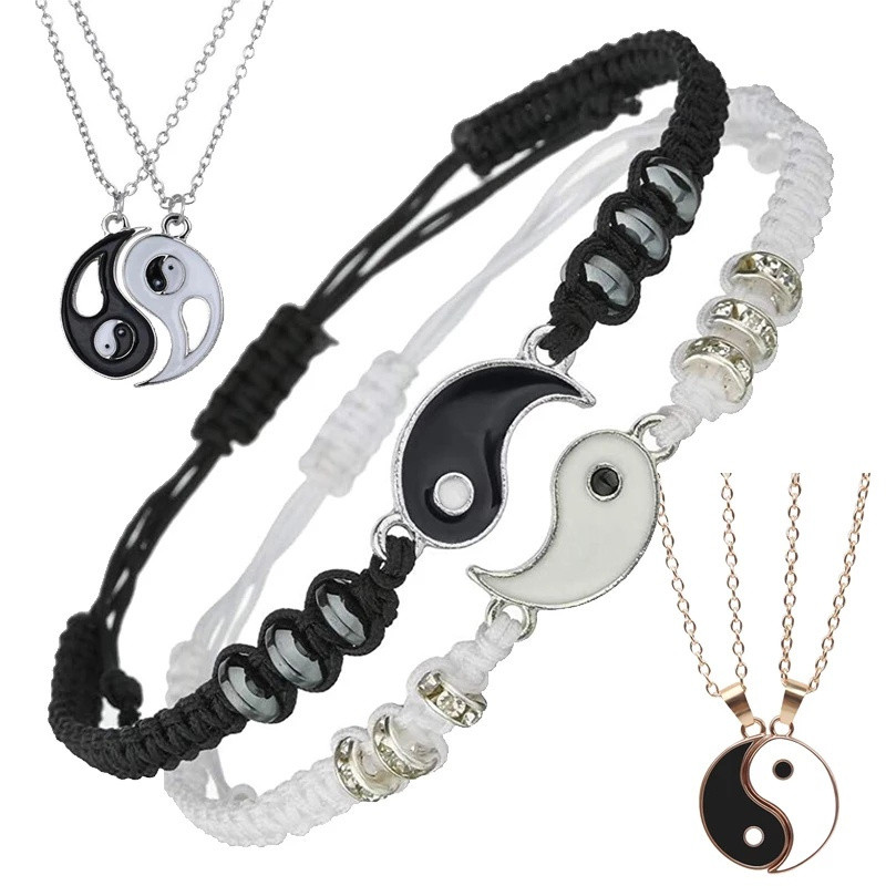 Tai Chi Yin Yang สร้อยข้อมือคู่สร้อยคอชุดจี้โลหะผสมสร้อยข้อมือโซ่ถักเปียแบบปรับได้ Matchi