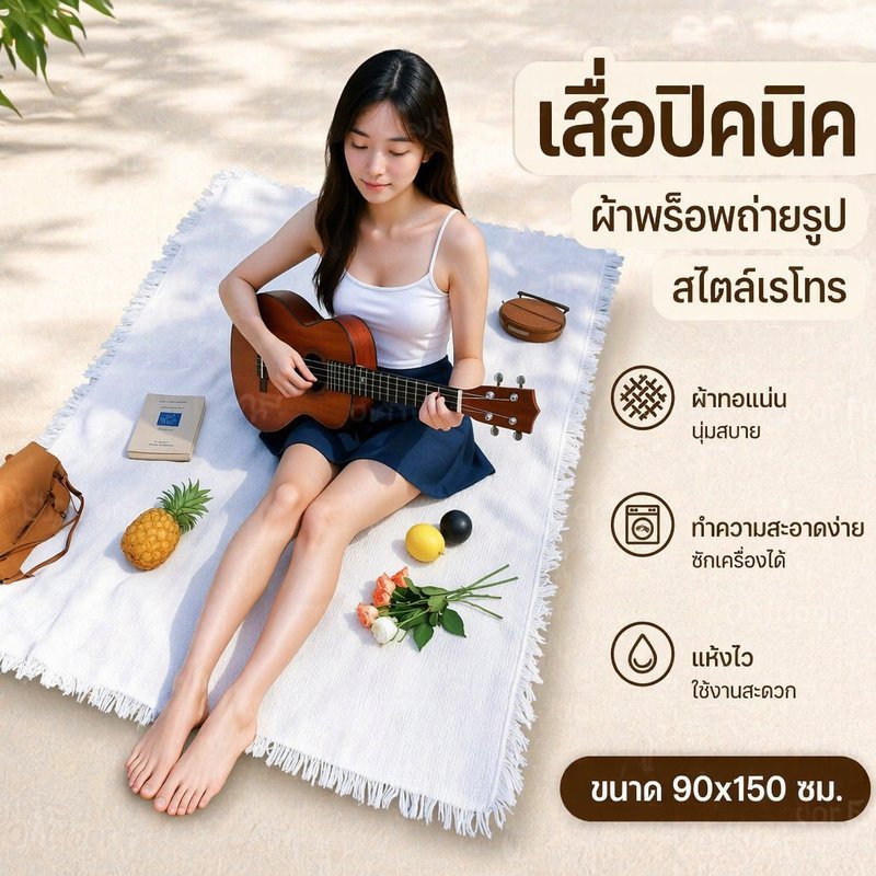 เสื่อปิคนิค ผ้าปูปิคนิค ผ้าฝ้ายลินิน ผ้าถ่ายรูป ลายมินิมอล สไตล์เรโทร ซักง่าย พู่แต่ง