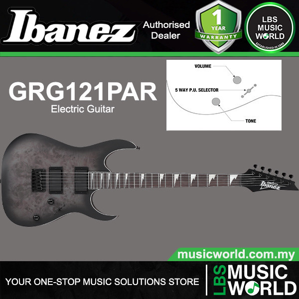 Ibanez GRG121PAR Okoume Body Poplar Burl กีตาร์ไฟฟ้ายอดนิยมพร้อม HH Pickup - Deep Dusk Burst Flat