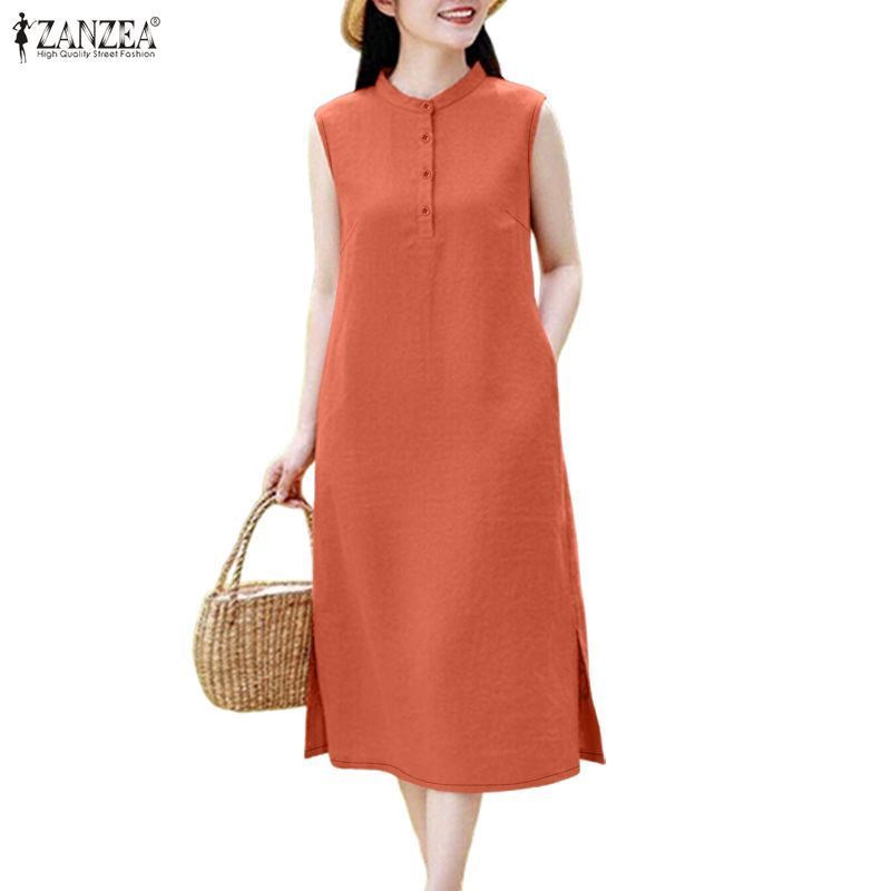 ZANZEA ชุดเดรสสตรีลําลองเกาหลีแขนกุดแข็งหลวมแยก Hem Dress