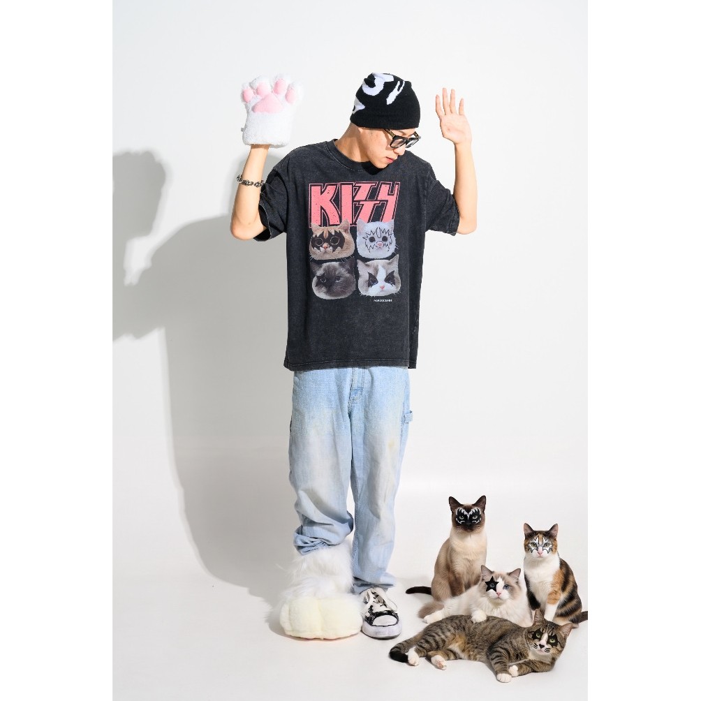 kitty black pink เสื้อล้อวงkiss เสื้อวงสไตล์วินเทจ ฟอดเฟด สกรีนdtg ผ้าบาง สกรีนจม