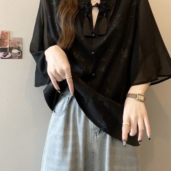 【jrmy009.th】 大码新中式轻国风醋酸短袖衬衫女夏季胖mm显瘦遮肚子盘扣雪纺上衣plus size New Chinese Style Light Guofeng Acetic Acid Sh