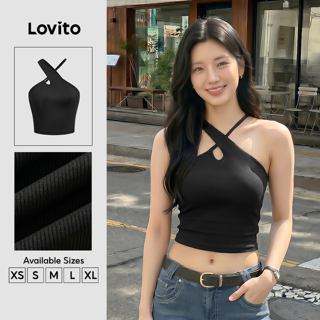 Lovito เสื้อลําลองผู้หญิงสีดําแบบไขว้กลวงสําหรับพักผ่อน L177AD134