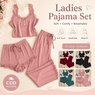 Women Pajama Set 3pcs Lace Cami Shorts Long Pants Soft Loungewear Pantulog COD