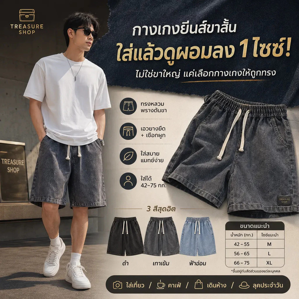 【ราคาต่ำในเวลาจำกัด】กางเกงยีนส์ขาสั้นผู้ชาย เอวยางยืด แฟชั่นเกาหลี ทรงหลวม มีเชือกรูด ใส่สบายมีสี่สี ﻿