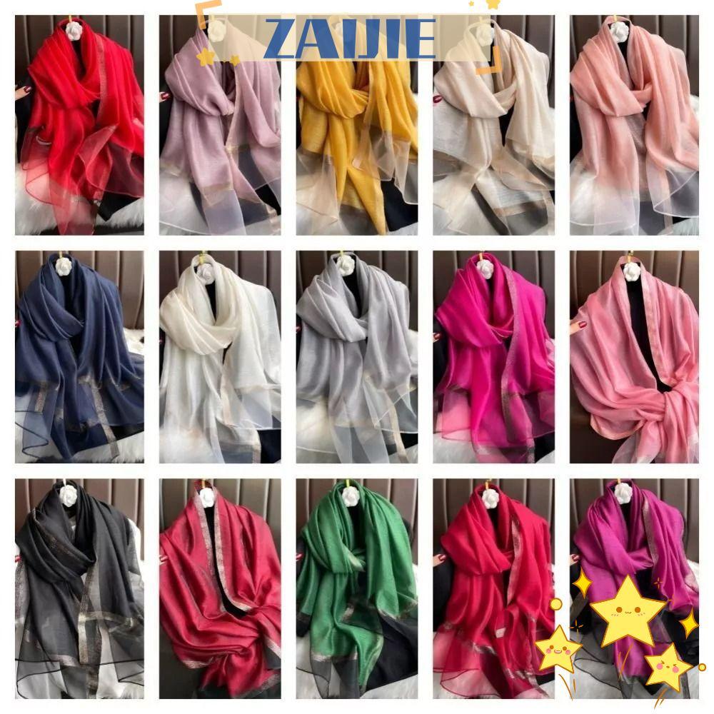 ZAIJIE ผ้าคลุมไหล่แข็งขนาดใหญ่ 180*70 ซม.ผ้าพันคอผ้าไหม Organza ผ้าพันคอยาวสีทึบหรูหราสําหรับผู้หญิงฮิญาบ
