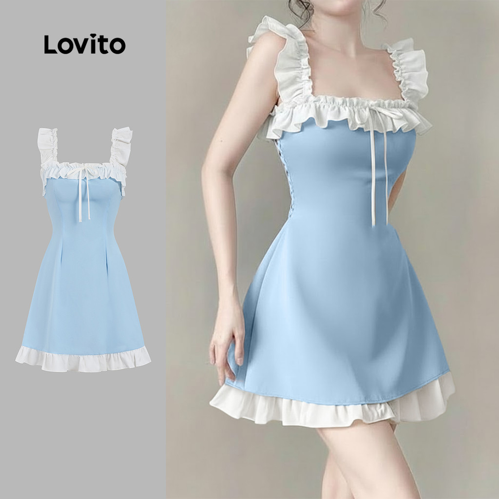 Lovito เดรสลำลองสีฟ้าสำหรับผู้หญิง ดีไซน์สีตัดกัน มีระบายและผูกเชือก เหมาะสำหรับฤดูใบไม้ผลิและฤดูร้อน L171ED384