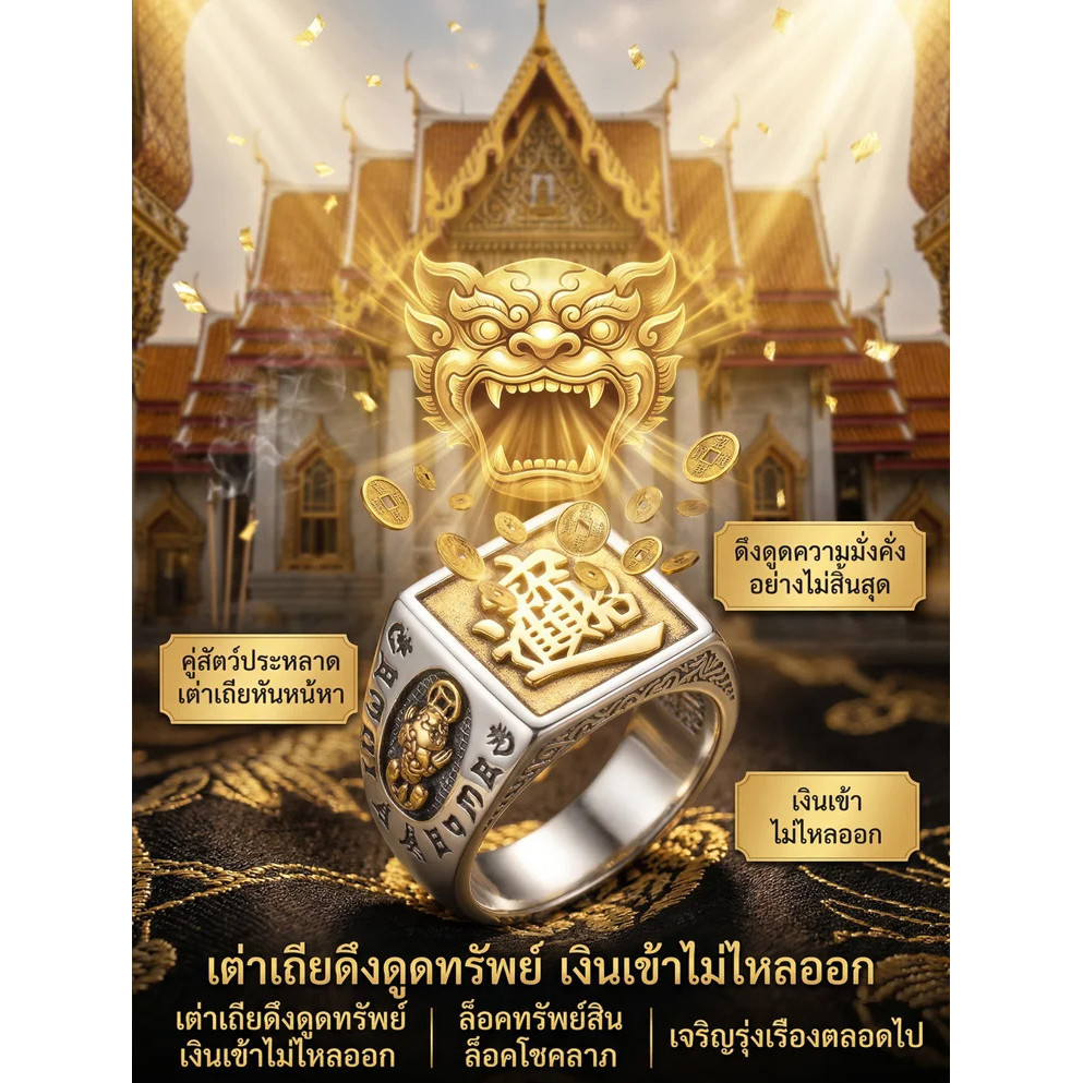 แหวนปี่เซียะเรียกทรัพย์ ลายคาถาหกพยางค์มงคล แหวนผู้ชายเสริมดวงการเงิน เสริมบารมี สไตล์ไทยซิลเวอร์วินเทจ ปรับขนาดได้ ดีไซน์เข้มใส่เท่