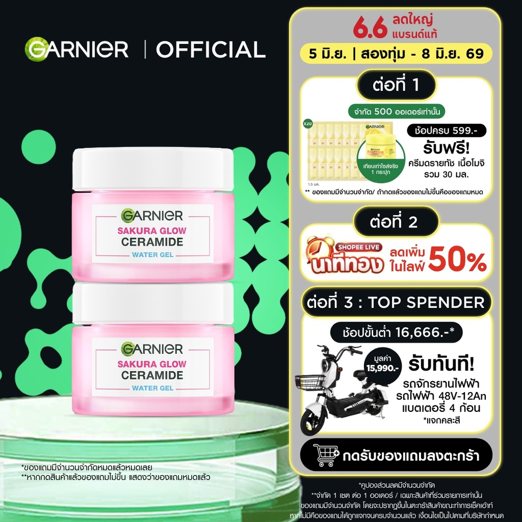 การ์นิเย่ ซากุระ โกลว์ เซราไมด์ วอเตอร์-เจล 50มลx2 GARNIER CERAMIDE WATER-GEL 50mlx2 ครีมทาหน้า moisturizer