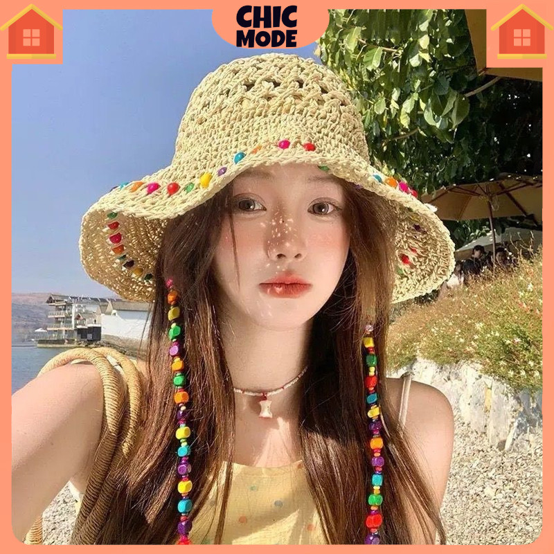 หมวกกันแดดสไตล์ INS เกาหลี ตาข่ายระบายอากาศดี เหมาะใช้กลางแจ้งและเดินป่า แถมสร้อยลูกปัดสีฟรี แต่งตัวสวยได้ทุกวัน