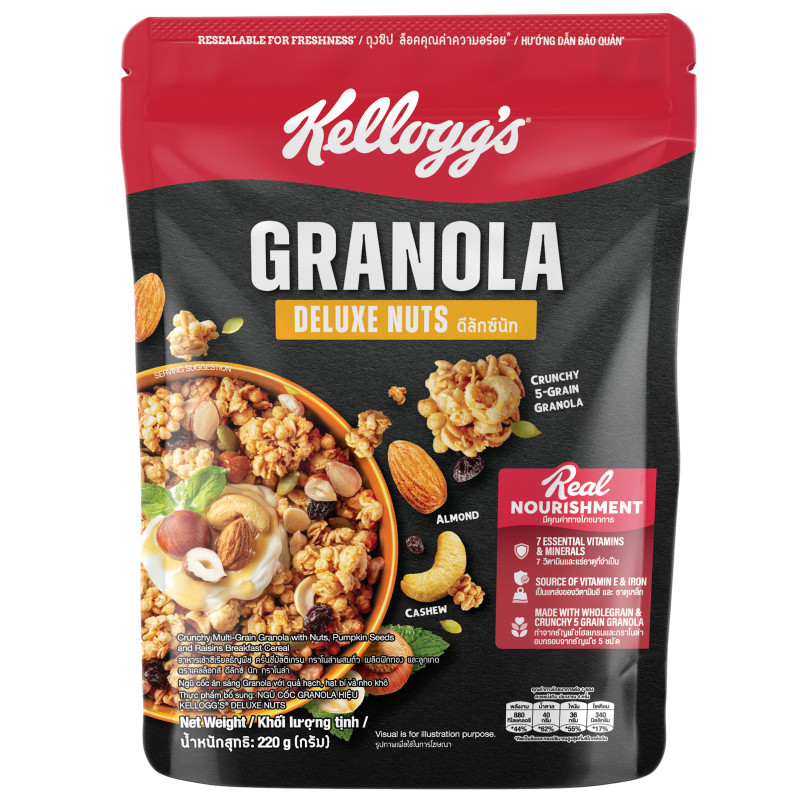 เคลล็อกส์ดีลักซ์นัทกราโนลา 220กรัม Kelloggs Deluxe Nuts Granola 220g. [หมายเลขบาร์โค้ด 9555805800337 ]