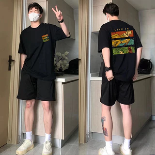 (ผ้าฝ้าย 100%)Luvoro oversize unisex เนื้อผ้านุ่มระบายแขนสั้น T-shirt สีดำและสีขาว เสื้อยืดทูโทน เสื้อยืดแขนสั้น C1584