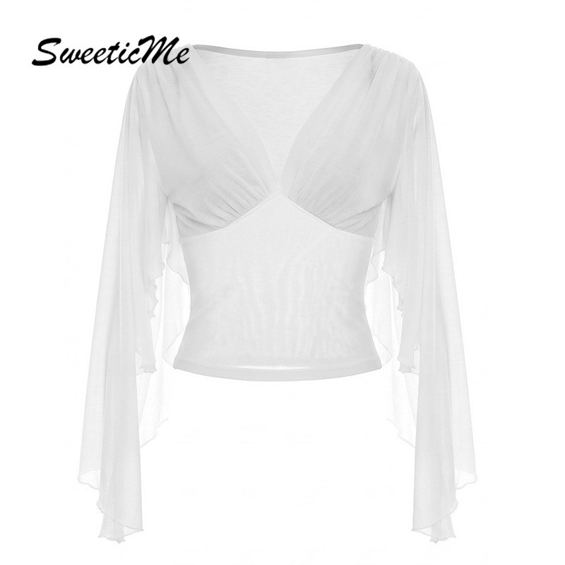 SweeticMe เสื้อสตรี 2026 ใหม่แฟชั่น Deep V-nevk Slit Sleeve ดูผ่านเสื้อยืด