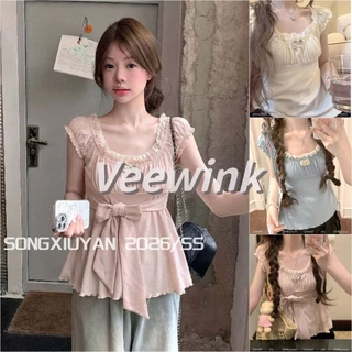 Veewink เสื้อยืด แขนสั้นคอกลม โบว์ผูกเชือก สไตล์เกาหลีหวานๆ ทรงเข้ารูป ช่วยพรางหุ่น ดูเด็ก ทันสมัย