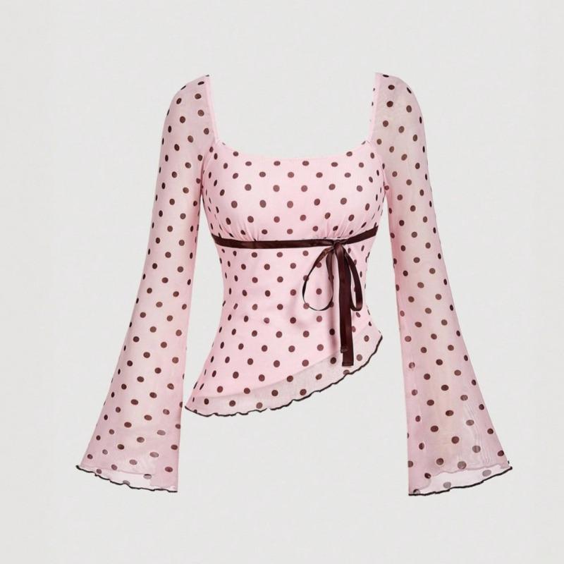 สุภาพสตรีหวานไม่สมมาตร Hem Polka Dot Flared Sleeve Bowknot Mesh เสื้อยืด, Elegant Slimmer ดู, ยืดหยุ่นนุ่ม, มีหลายสีให้เลือก, Polka Dot Mesh Top