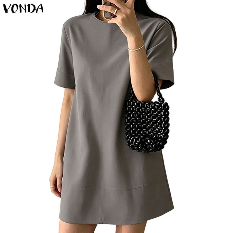 Vonda ผู้หญิงเกาหลีลําลองรอบคอปุ่ม Tie เอวไหล่ปกติสีทึบหลวม A-hem แขนสั้นทอ Commuting ชุด