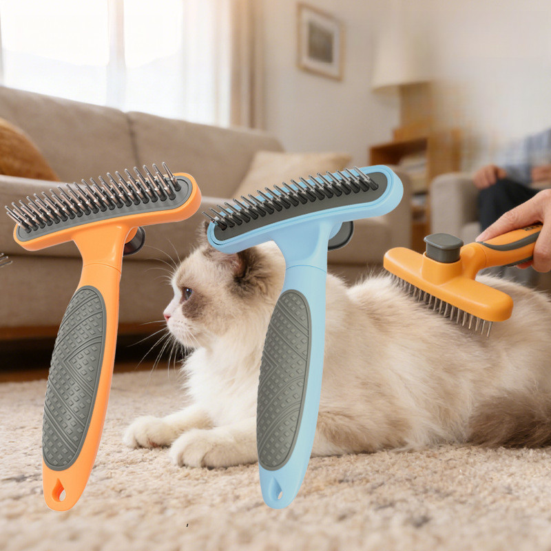 Pet Self-Cleaning Rake Comb One-Button Deshedding Brush สําหรับสุนัขแมวหวีกรูมมิ่งสแตนเลส