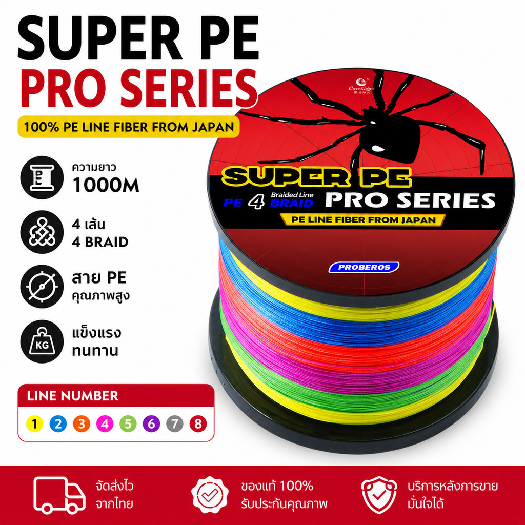 1000M PROBEROS สายเบ็ดตกปลา เอ็นตกปลา PE หลากสี เบอร์ 4 เอ็นตกปลา สายเบ็ดตกปลา PE งม้าสูง ถักเปีย 8