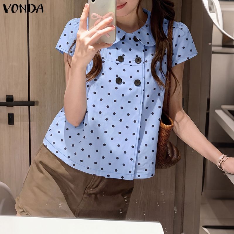 VONDA ผู้หญิงเกาหลีภาษาฝรั่งเศสคํา Girlish ตุ๊กตาคอปกแขนสั้น Double-Breasted Polka Dots A-Line เสื้อ — صورة 6