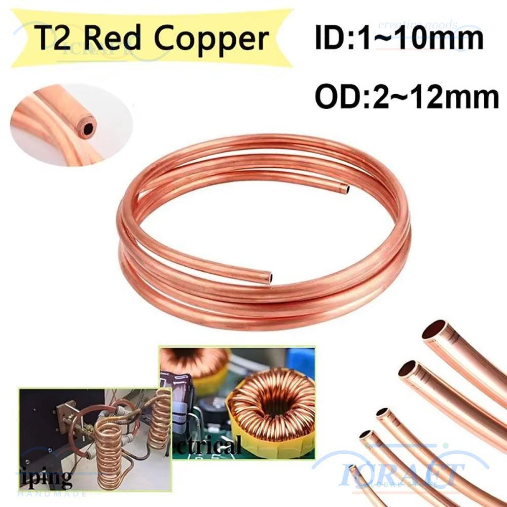 ICRAFT 1 ชิ้น T2 ทองแดง, 1 เมตรหลอดทองแดงอ่อน, ทนทานทองแดงบริสุทธิ์ 99.9% OD 2-12 มม. ID 1-10 มม.ท่อลวด DIY หัตถกรรม
