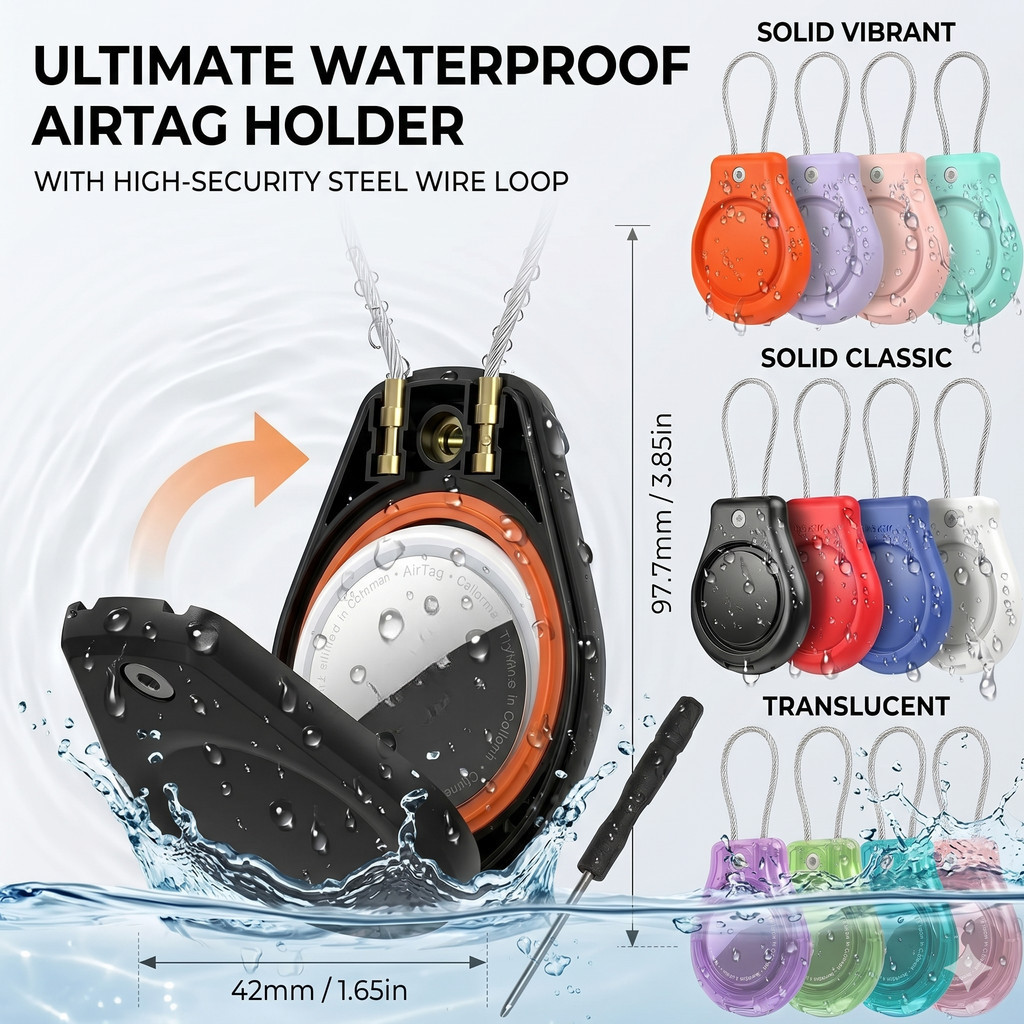 ที่ใส่พวงกุญแจ AirTag กันน้ํา Air tag Lock Case พร้อมสายไฟเข้ากันได้กับ Apple AirTags, เคสป้องกันป้องกันการสูญหายที่ทนทานเป็นพิเศษพร้อมพวงกุญแจสําหรับกระเป๋าเดินทาง, กุญแจ, เป้