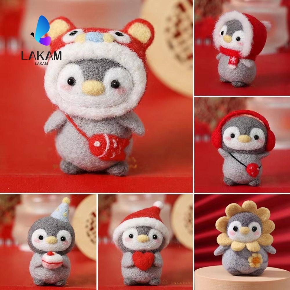 LAKAM ชุดสักหลาดขนสัตว์, ชุดสักหลาดเข็มแฮนด์เมดเพนกวินน่ารัก, ตุ๊กตาของเล่นตุ๊กตาการ์ตูนไม่ได้สําเร็จรูป DIY Felting Starter Kit