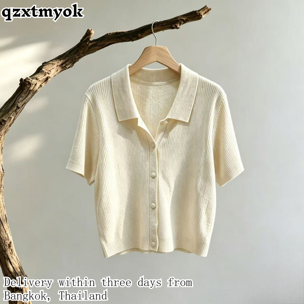 เสื้อท็อปแขนสั้นผ้าถักคอโปโลสําหรับผู้หญิงสําหรับฤดูร้อนผิวระบายอากาศทรงสลิมฟิตอเนกประสงค์เสื้อยืดด้านล่างสบา