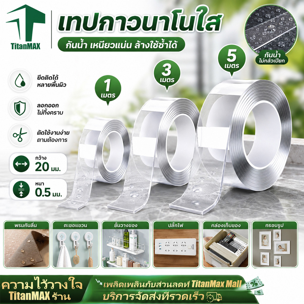 เทปนาโน กาว2หน้า แรงยึดติดสูง อเนกประสงค์ ไม่ต้องเจาะผนัง ไม่ทิ้งร่องรอย ยาว 1/3/5เมตร ใช้ซ้ำได้ สำหรับติดกำแพงจัดเก็บสิ