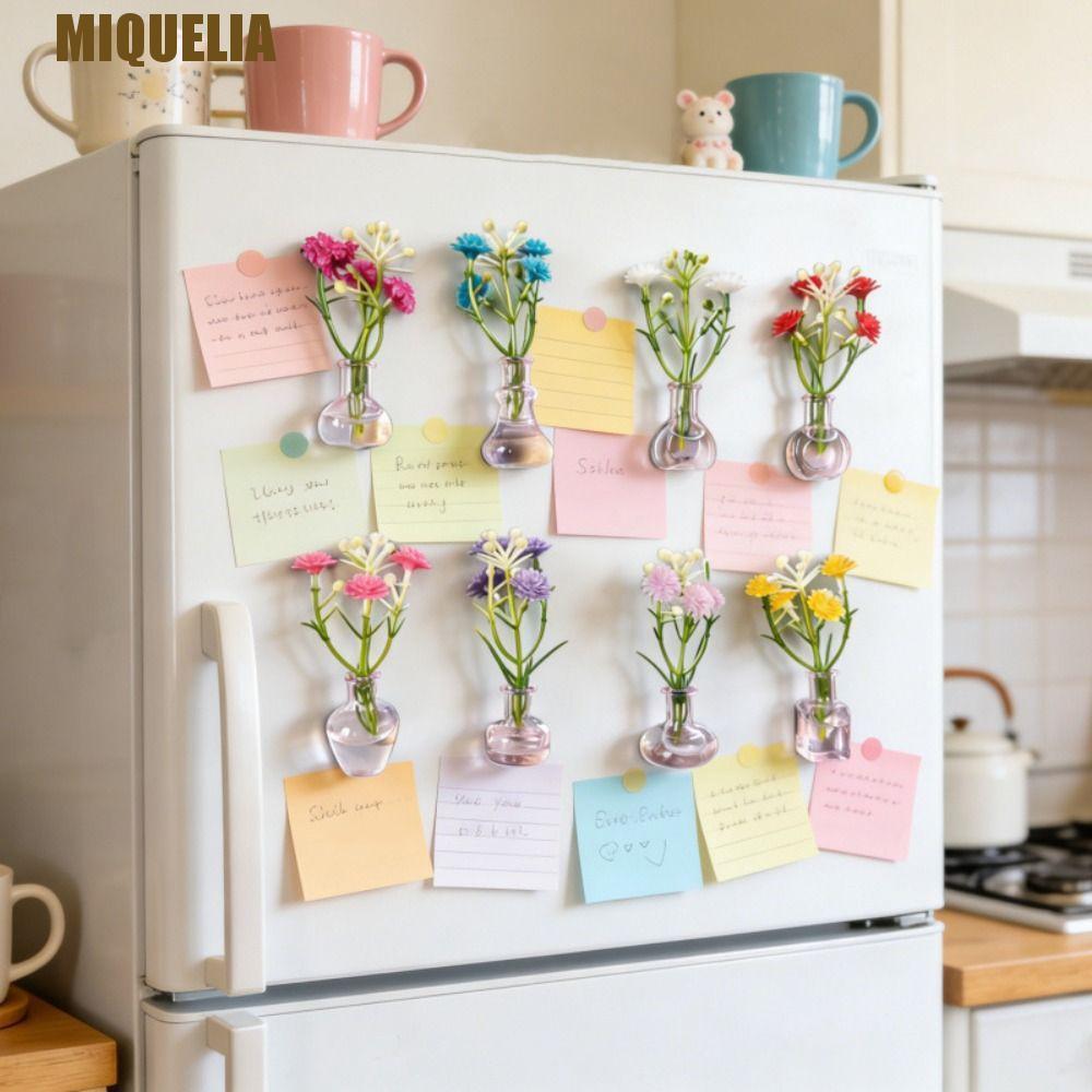MIQUELIA 8/10 ชิ้นมินิแจกันแก้วแม่เหล็ก, DIY โมเดิร์นขนาดเล็กแม่เหล็ก Bud แจกัน,ตกแต่งบ้านสร้างสรรค์ประณีตกับดอกไม้ปลอมตู้เย็นแม่เหล็กแจกันห้องนั่งเล่น