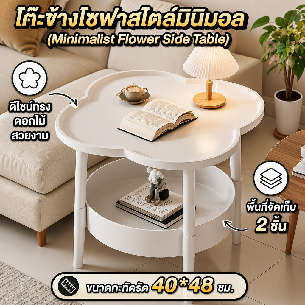 โต๊ะข้างโซฟา ทรงดอกไม้ ดีไซน์มินิมอล สีขาว ขนาด 40*48 ซม. โต๊ะวางของอเนกประสงค์ สไตล์นอร์ดิก