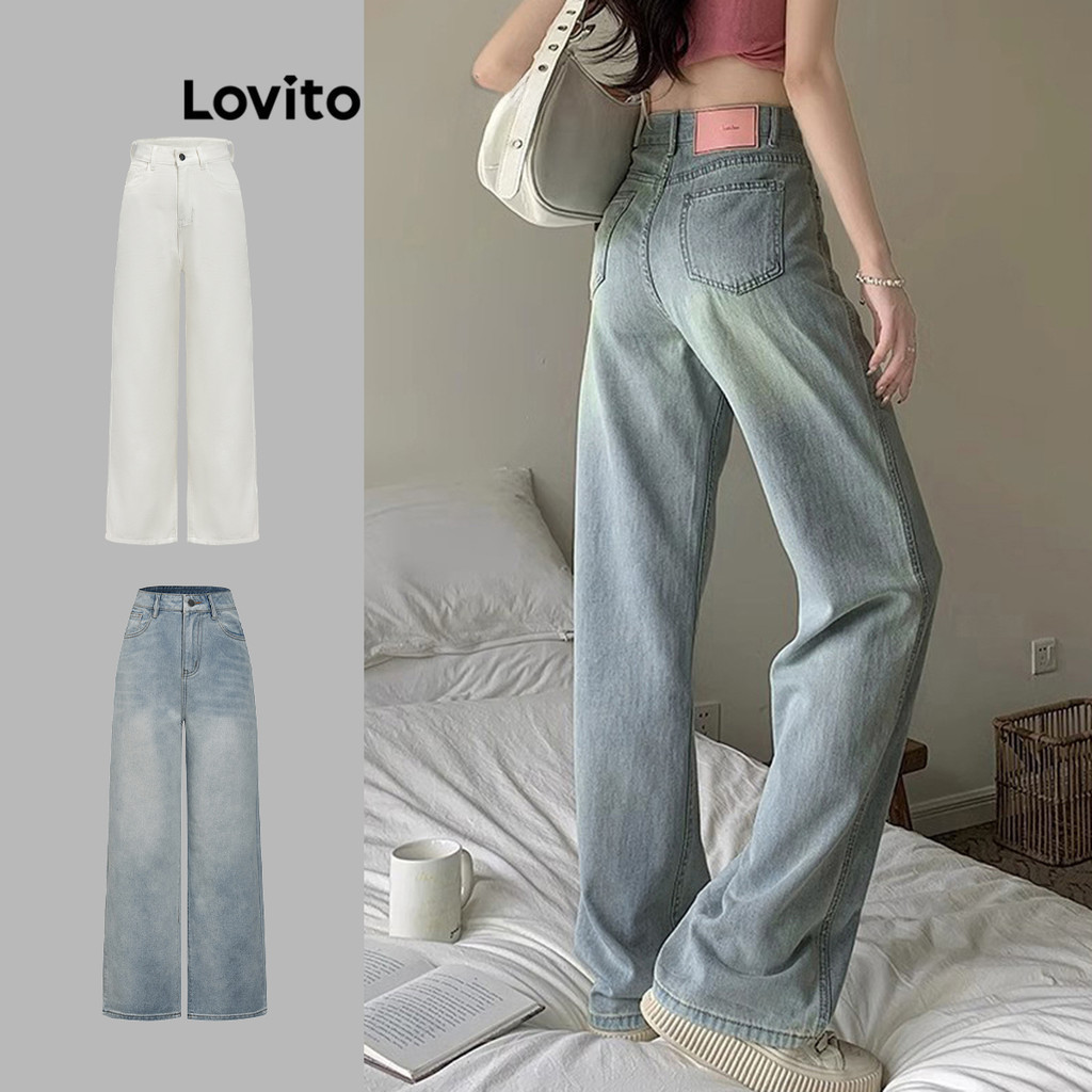 Lovito Casual กางเกงยีนผู้หญิง สไตล์ลำลอง สีพื้น มีกระเป๋า L70AD071 (หลากสี)