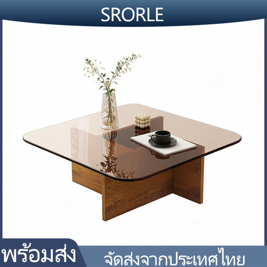 พร้อมส่ง🌟Coffee Table โต๊ะกาแฟ โต๊ะชาแก้ววินเทจ กระจกนิรภัย+ขาโต๊ะไม้โอ๊ค ติดตั้งง่าย ประกอบง่าย