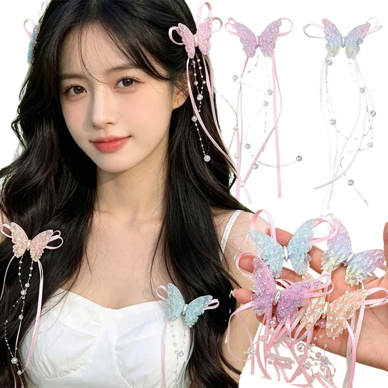 1/2/4 ชิ้น Fairy พู่ Duckbill กิ๊บติดผม - Glitter ผีเสื้อมุกริบบิ้น Hairpins สําหรับสาวผู้หญิง