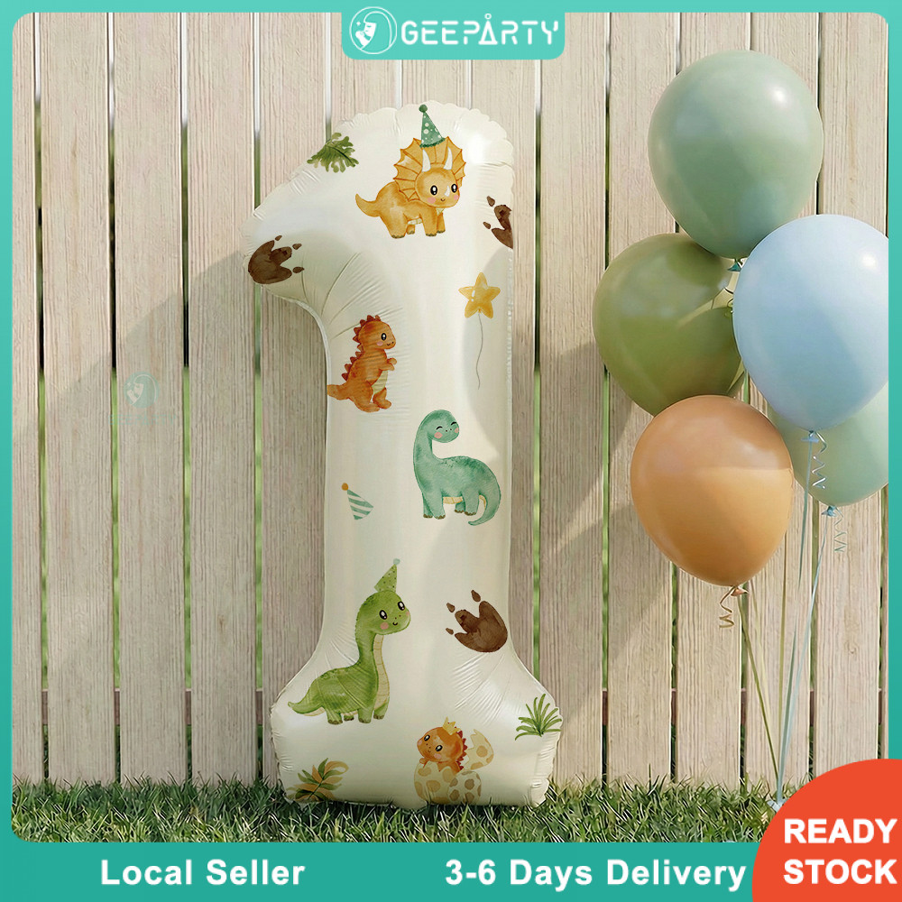 GeeParty ลูกโป่งฟอยล์ 3 ชิ้น ตัวเลข พร้อมสติ๊กเกอร์ไดโนเสาร์ Dinosaur Theme ตกแต่งงานวันเกิดเด็ก