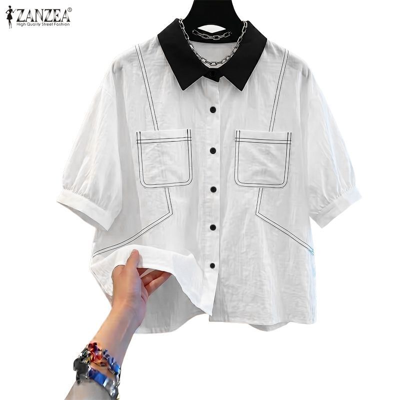 ZANZEA ใส่ ซานเซีย ผู้หญิงแฟชั่นเกาหลีที่เรียบง่ายหลวมของแข็งกับกระเป๋าเสื้อ