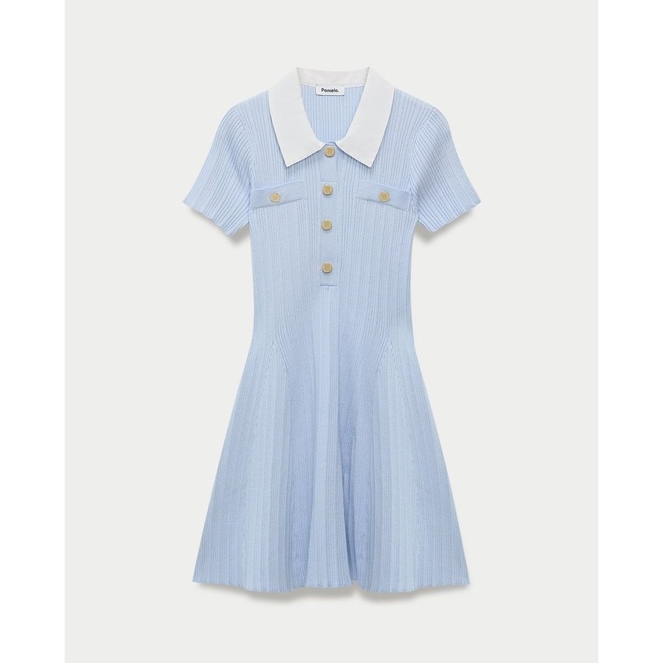 [Pomelo] เดรสสั้นคอปกติดกระดุมด้านหน้าผ้าถักลายริบ / Collared Button Front Ribbed Mini Dress