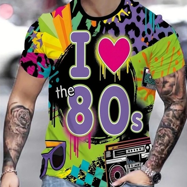 3D พิมพ์ Retro 80s เสื้อยืดสําหรับชายสนุกสีสันกราฟิกแขนสั้น Tees แฟชั่นฤดูร้อนรอบคอ Tops Street T เส