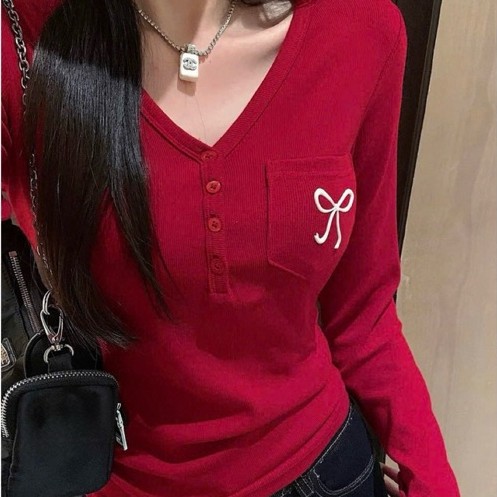 เสื้อยืดคอเต่าแขนยาวกระดุมสวยปักโบว์หวานแฟชั่นเกาหลีtdn08