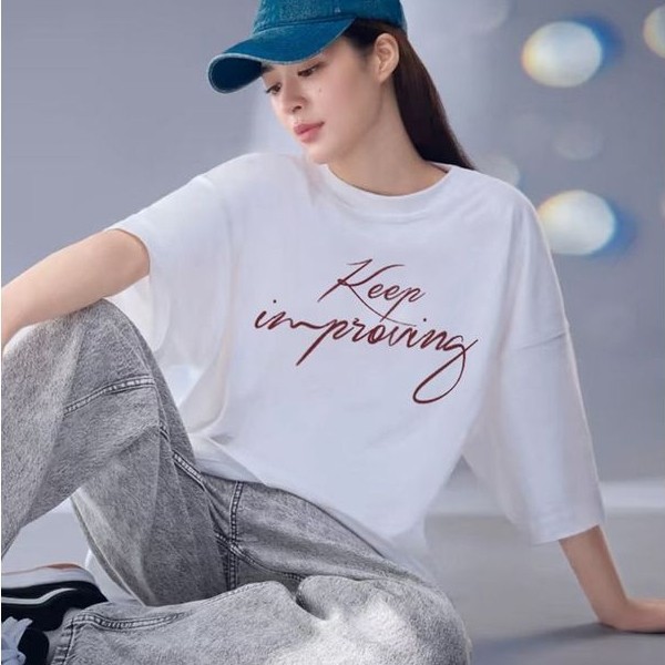 Orm Orm Orm Same Style Letter Sakura สีขาวรอบคอแขนสั้นเสื้อยืดผู้ชายผู้หญิงฤดูร้อนอเมริกันหลวมด้านบน