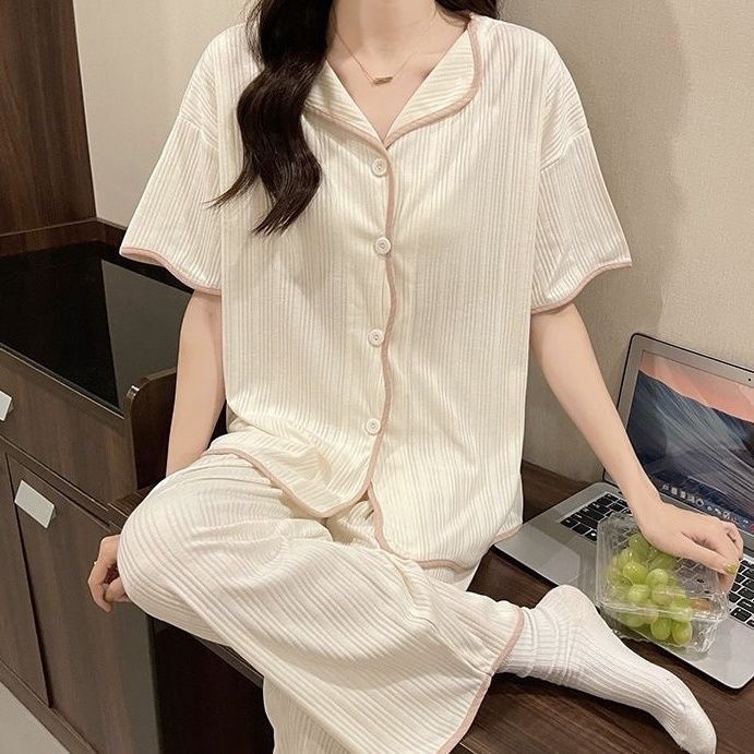 Fashionable Women's Pajamas 装睡衣女士韩版薄款短袖长裤夏天宽松简约高级感家居服6.4