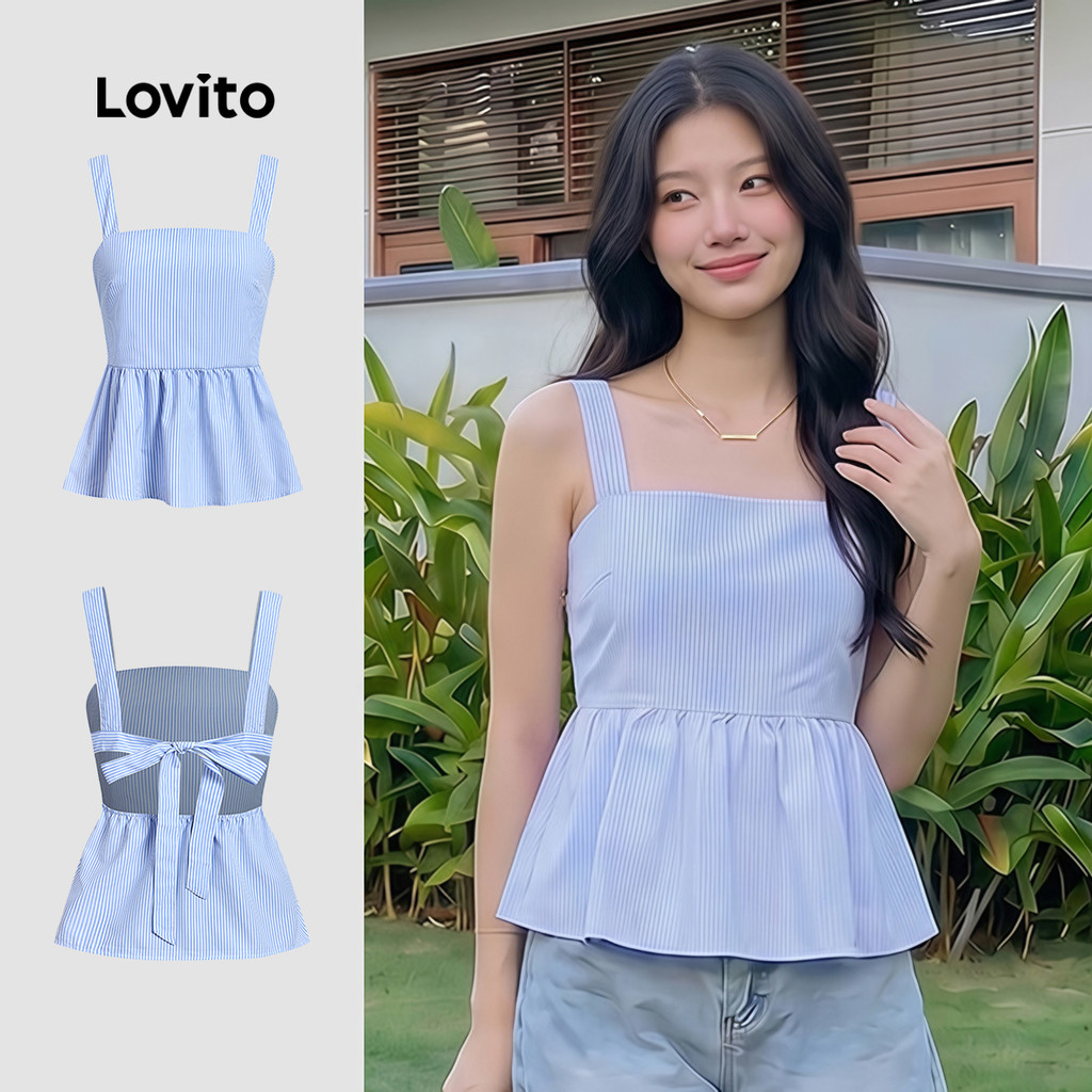 เสื้อกั๊กลายทางลายทางแขนกุดคอเหลี่ยม-TKB164PBD126