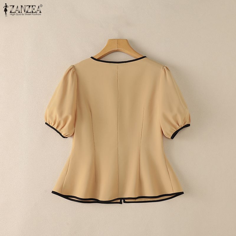 ZANZEA ผู้หญิงเกาหลี Elegant Officewear V คอพัฟแขนปุ่ม Contrast Edge Ruffles Hem เสื้อ — صورة 8