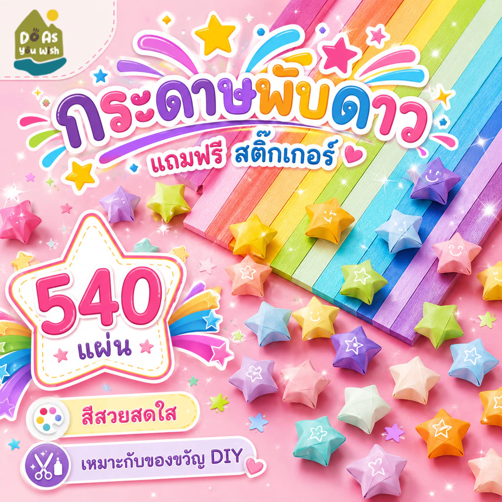 กระดาษพับดาว 540แผ่น เรืองแสง พาสเทล กากเพชร โมอานุย สีสดใส DIY สำหรับงาน ของขวัญ สําหรับตกแต่งบ้าน พับง่ายไม่เจ็บมือ