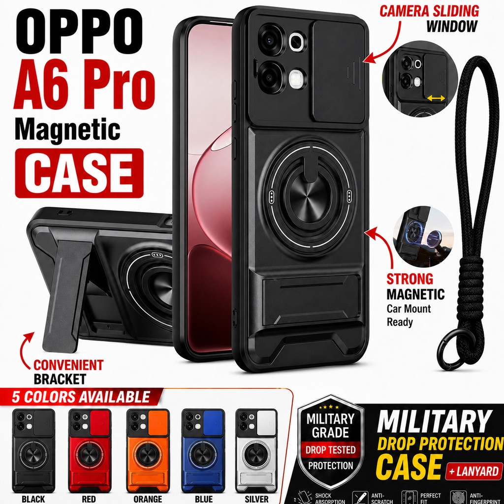 เหมาะสําหรับ OPPO A6 Pro A78 A58 A59 A3X A60 4G 5G เคสโทรศัพท์แม่เหล็กที่แข็งแกร่งพร้อมเชือกเส้นเล็ก 360° ที่วางขาตั้งแหวนติดรถยนต์ป้องกันเลนส์กล้องกันกระแทกฝาครอบป้องกัน