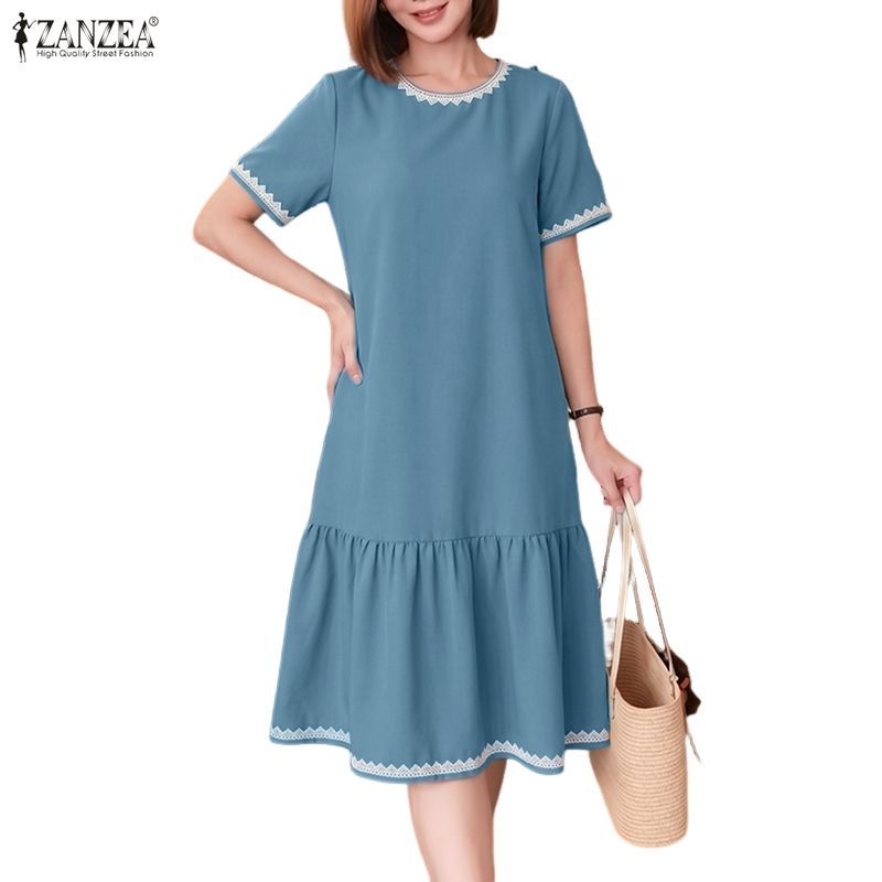 ZANZEA ชุดเดรสผู้หญิงแฟชั่นเกาหลีคอกลมแขนสั้นลูกไม้ Spliced Ruffle Hem